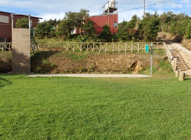 Area verde, camino y cancha de Basquet